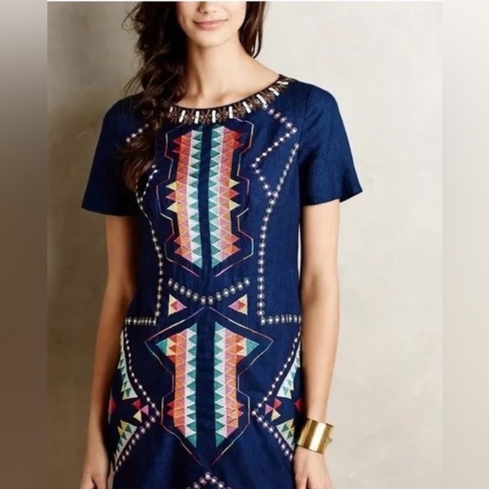 Maeve Anthropologie Navy Blue Embroidered Linen Shift Dress Size 8 Boho Beaded